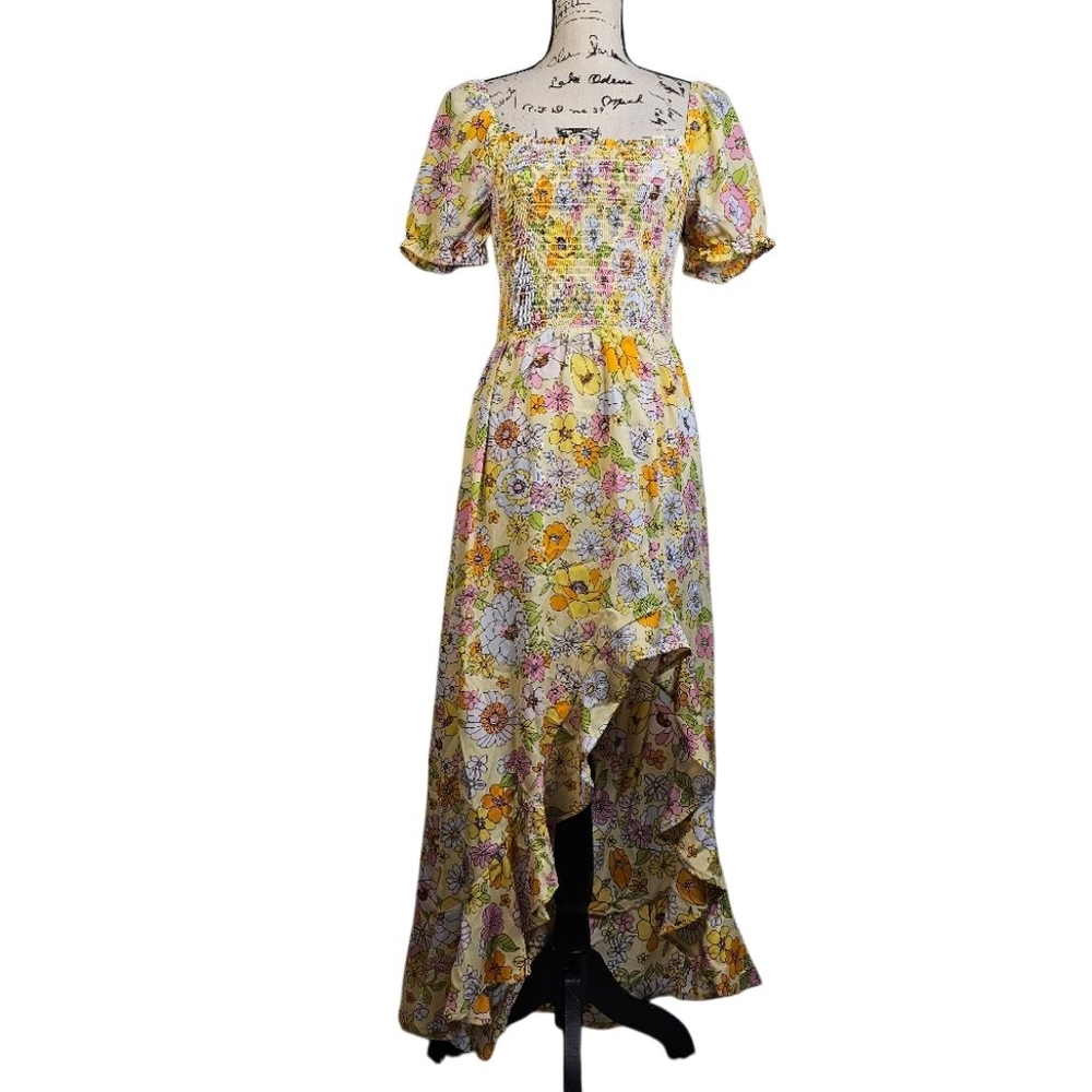 Crystal Doll Hi Low Smocked Short Puff Sleeve Dress Yellow/Multi Floral Dress.